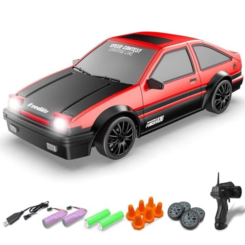 RACENT 1:24 Scale RC Drift Car, 10MPH 4WD Remote Control Car with LED Light, Racing and Drifting Wheels, 2 Rechargeable Batteries, Toy for Boys, Girls, Kids (Red)