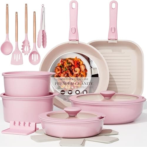 Astercook 23 Pcs Pots and Pans Set Non Stick, Ceramic Cookware Set Detachable Handle, RV Kitchen Cooking Set Removable Handles, Oven Safe, Induction Ready, Stackable, Pink, Mothers Day Gifts