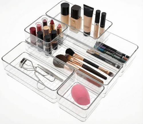 Maxset 6 PCS Clear Plastic Drawer Organizer Set, 2 Sizes Acrylic Drawer Storage Trays Non Slip Storage Bins for Makeup, Jewelry, Gadgets for Kitchen, Bedroom, Bathroom, Office