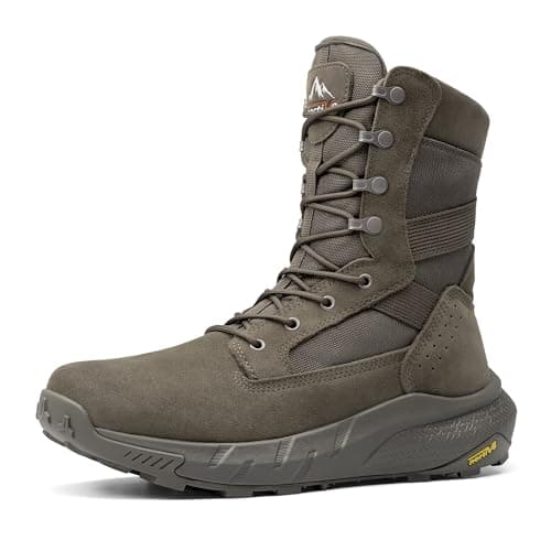 NORTIV 8 Men's Breathable Tactical Military Work Boots Side Zipper Leather Lightweight Hiking Motorcycle Combat Boots 8 Inches Peakforce,Size 7,Olive,SNMT242M