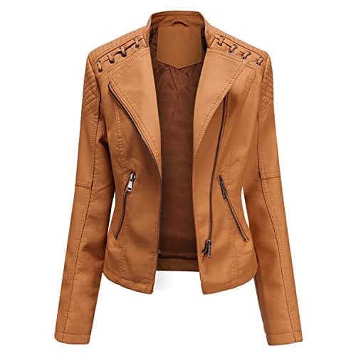 Lu's Chic Women's Motorcycle Jacket Ladies Fashion Dressy Vegan Faux Leather Biker Coat Light Suede Slim Fit Crop Blazer Outerwear Short Moto Leather Jacket Light Coffee 20-22