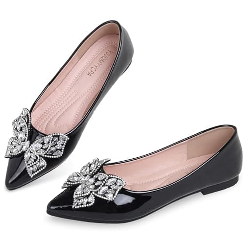 YJJQMYYCPA Leather Ballet Flats for Women Bling Rhinestone Fashionable Pointed Slip on Comfort Breathable Wedding Flats Shoes for Women Dress Shoes Black 7.5