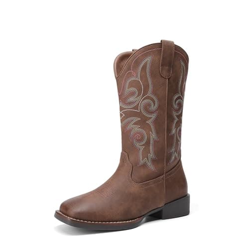 DREAM PAIRS Women's Cowboy Cowgirl Boots Embroidered Square Toe Mid Calf Western Boots Fashion Dress Chunky Low Heel Shoes for Theme Party Country Concert,Size 6.5,Dark Brown,DWUMMB2516