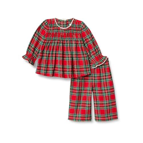 Amazon Essentials x Sofia Grainge Baby Girls' Long Sleeve Flannel Set, Cherry Red Festive Plaid, 12 Months