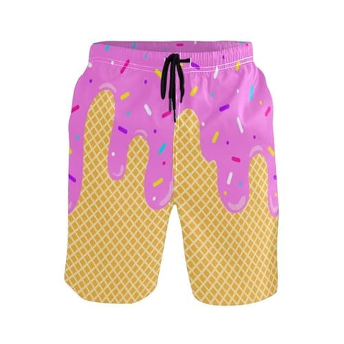 JHKKU Men's Pink Ice Cream Swim Trunks Board Shorts Quick Dry Beach Swimsuit Swimwear Holiday Party Bathing Suit with Mesh Lining M