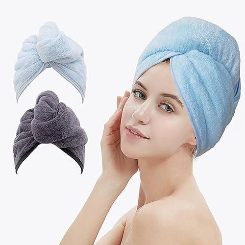 M-bestl 2 Pack Hair Drying Towels, Hair Towel Wrap,Absorbent Microfiber Hair Towel Turban with Button Design to Dry Hair More Quicker(Blue&Dark Gray)