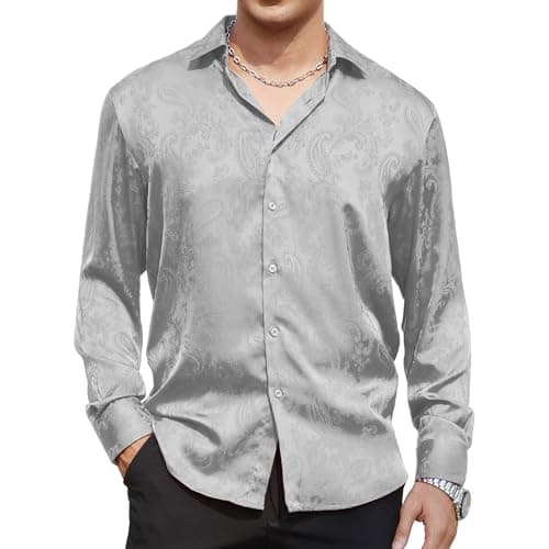 WARHORSEE Men's Silk Satin Dress Shirts Long Sleeve Button Up Shirt for Men,Grey,XXL