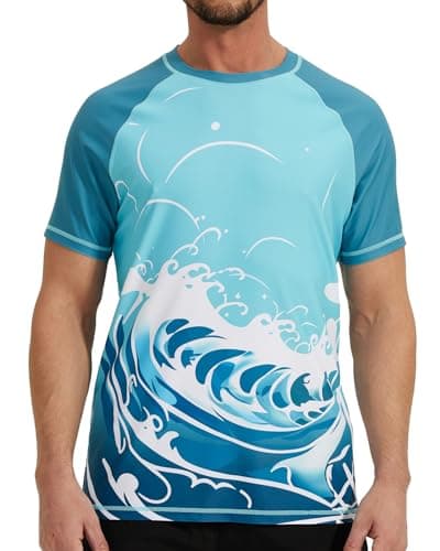 VAYAGER Mens Swim Shirt Rash Guard UPF 50+ Short Sleeve Quick Dry Water Beach Shirts UV Protection Shirts(Blue/Waves L)