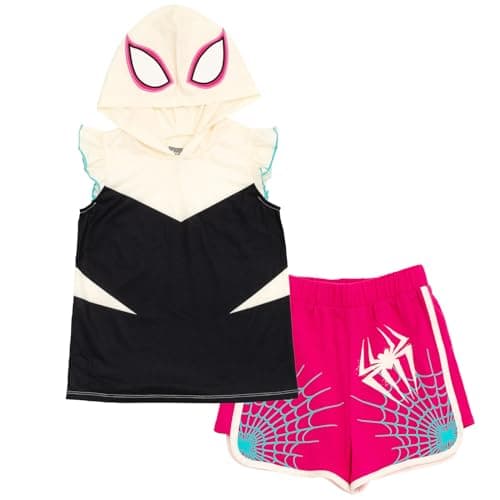 Marvel Spider-Man Spider-Gwen Ghost Spider Toddler Girls Hooded Cosplay Tank Top and French Terry Shorts Outfit Set 2T