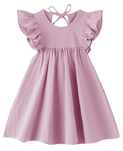 JNKLWPJS Toddler Linen Dress Girls Ruffle Sleeve Dresses Pink 110