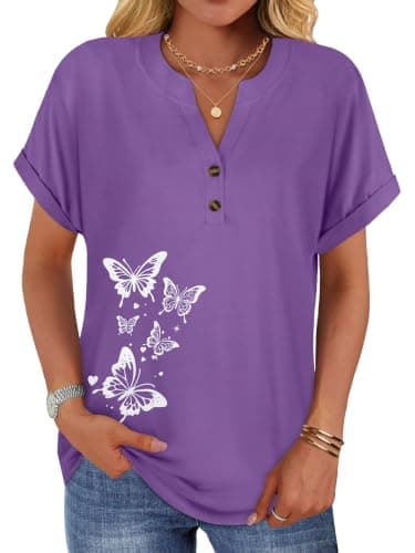 rosemia Womens Short Sleeve Shirts V Neck Dressy Casual Blouses Summer Loose Fitting Henley Tops, Purple Butterflies, M
