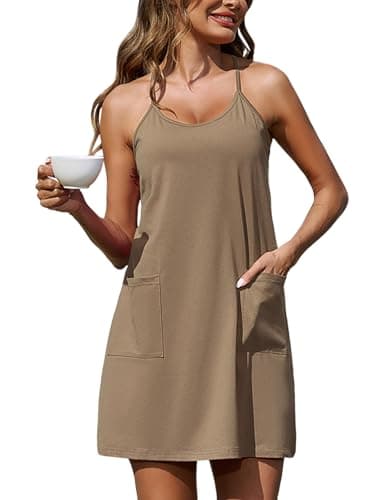 Marvmys Short Sleeveless Nightgown Racerback Cami Lounge Slip Dress Cotton Night Gown Summer Sleepwear Pockets Deep Khaki XL