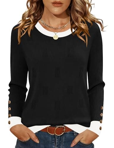 AKEWEI Women's Sweaters Casual Long Sleeve Crew Neck Pullover Tops Cashmere Fall 2025(Black Color Block,Small)