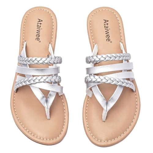 Ataiwee Women's Casual Flat Slide Sandals - Dressy Comfortable Criss Cross Strappy Summer Sandals,Open Toe Multi Strap Beach Flat Thong Sandals.Silver 11
