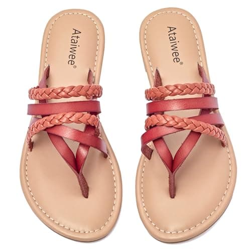 Ataiwee Women's Casual Flat Slide Sandals - Dressy Comfortable Criss Cross Strappy Summer Sandals,Open Toe Multi Strap Beach Flat Thong Sandals.Brown 10