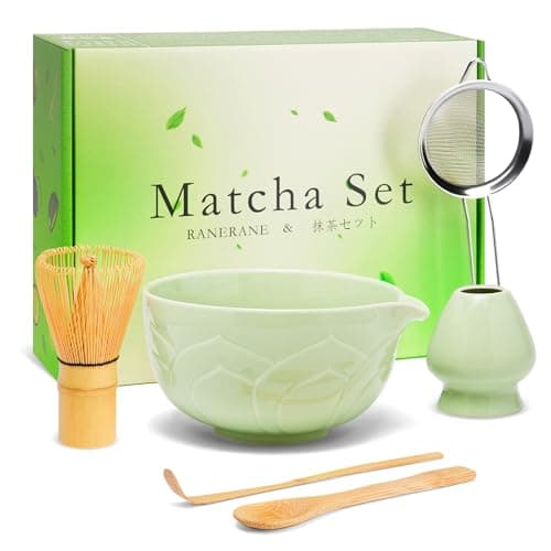 RANERANE Matcha Whisk Set, Lotus Green Ceramic Matcha Set Includes Matcha Bowl, Matcha Whisk (Chasen) and Holder, Sifter, Bamboo Scoop & Spoon - 6 Pcs Matcha Kit for Matcha Lovers