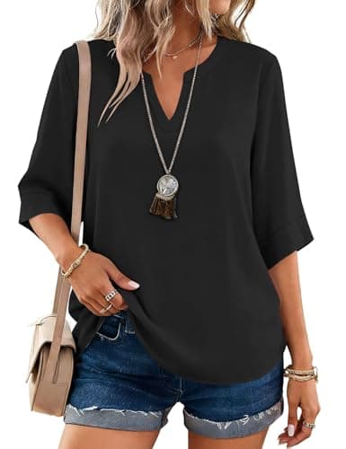 LOMON 3/4 Length Sleeve Womens Tops Fall Blouses 2025 Dressy Casual Business Half Sleeve Tees Spring V-Neck Cute Tunic Festival Outfits Black S