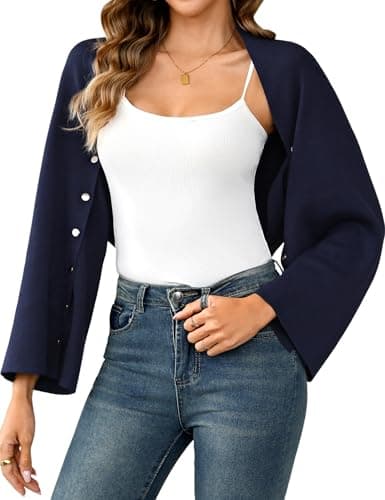 Totatuit Womens Cropped Cardigan Shrug 2-in-1 Convertible Bolero with Button Sleeves 80% Cotton Y2K Knit Wrap Shawl Navy Blue