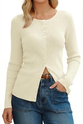 Arach&Cloz Women's Summer Button Down Cardigan Sweaters Lightweight Soft Wool Blend Open Front Business Office Casual Knit Tops Outfits 2026 Spring Clothes White L