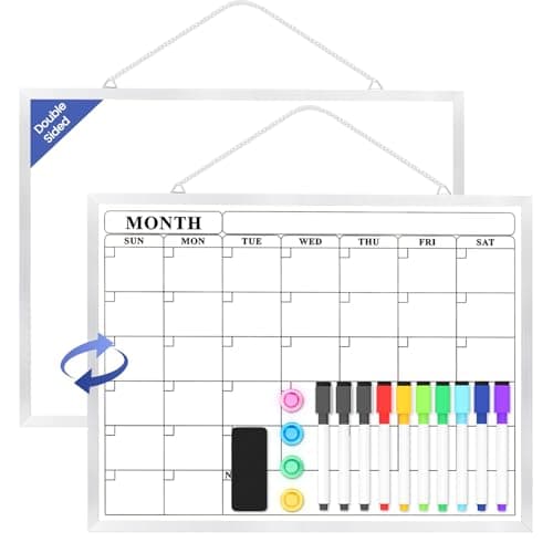 Lumspax Monthly Calendar Dry Erase Board for Wall, 16"x12" Double-Sided Magnetic Calendar White Board with Hooks, Silver Aluminum Alloy Frame Hanging Whiteboard for Office, Home, School