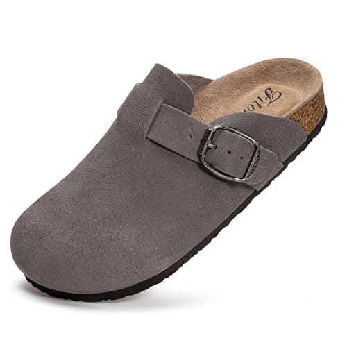 FITORY Womens Clogs Slip-on Potato Shoes Leather Mules with Suede Cork Footbed Grey Size 9