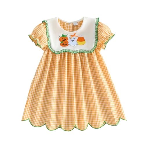 Toddler Baby Girl Halloween Outfit Pumpkin Ghost Plaid Smocked Dress Little Girls Princess Dresses Cute Clothes (K Pumpkin Ghost Yellow, 3-4 Years)