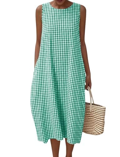 LOMON Womens Casual Long Dresses Summer Beach Vacation Sundresses Crewneck Sleeveless Cotton Maxi Dress with Pockets Green Plaid