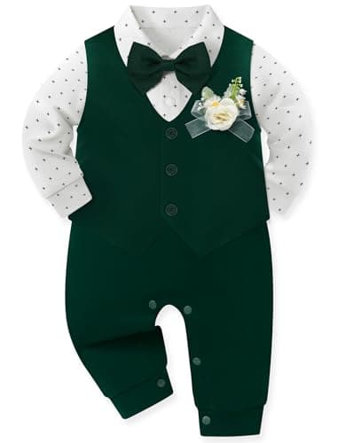 mikiumkee Baby Boy Suit Gentleman Clothes Wedding Outfits Formal Jumpsuit Long Sleeve Romper+Vest Green 18-24 Months