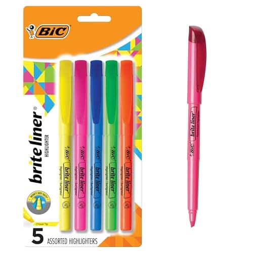 BIC Brite Liner Highlighters, Chisel Tip, School Supplies for Students and Teachers, Ideal for Notes, Textbooks, and Classroom Use, 5-Count Pack in Assorted Colors