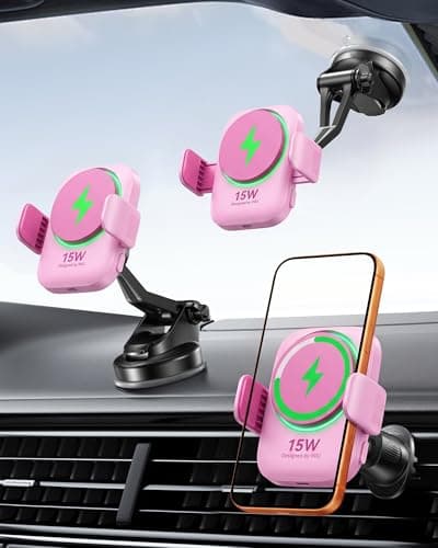 INIU 3-in-1 Magnetic Wireless Car Charger- Extra Clamp for Bumpy Road, Cooling Fan to Extend Battery Life, Original Qi2 Certified 15W Fast Charging for iPhone 12-17 Series Car Charger Holder, Pink