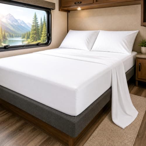 SlumberWell 4 Piece Luxury Soft Microfiber Fitted Bed Sheet Set for Campers, 8 to 12 Inch Deep Pocket, RV Bunk 42 x 80, White