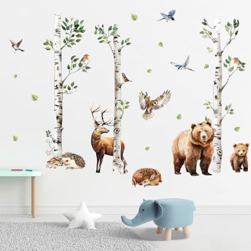 Mfault Forest Animal White Birch Tree Wall Decals Stickers, Woodland Bear Deer Hedgehog Owl Birds Baby Nursery Decor Bedroom Art, Cute Kids Toddler Room Playroom Home Decorations