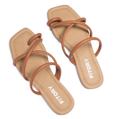 FITORY Women's Slide Sandals Flat Toe Ring Thongs with Cross Strap for Summer Size 6 Brown