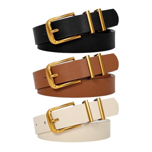WERFORU 3 PACK Women Belt Women Fashion Leather Belts for Jeans Pants Ladies Belts with Gold Buckle,C-Black+Brown+Beige,Fit Waist Size 22-26 Inches