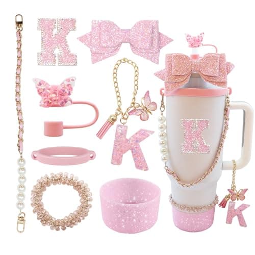 8PCS Stanley Cup Accessories set for 40oz & 30oz Tumbler with Handle,Including Straw Topper,Boot,Water Bottle Handle Strap,Straw Bow Decorate,Bracelets,Letter Charm,Initials Sticker,Cup Ring(Pink K)