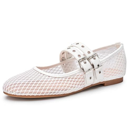 Trary Mesh Flats for Women White Mary Jane Shoes Women Comfortable Round Toe Ballet Flats with Strap Slip On Dress Shoes Casual Office Mary Jane Flat, Size 8