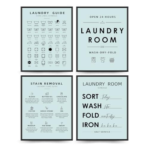 PLKMK Laundry Room Wall Art Print Set of 4 - Laundry Symbols Wall Decor, Laundry Care Symbols Guide Sign,Laundry Room Decor 8x10 Inch (Blue)