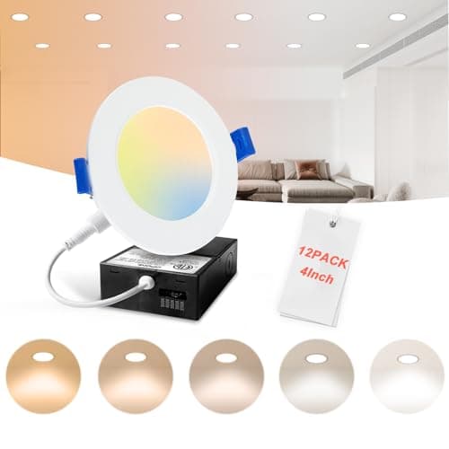 OPONL 12 Pack LED Recessed Lighting 4 Inch with Junction Box, 5CCT Ultra-Thin Ceiling Light, 700LM High Brightness, Dimmable Canless Wafer Downlight, 8W, FCC&ETL, White, 4in12pack Plastic