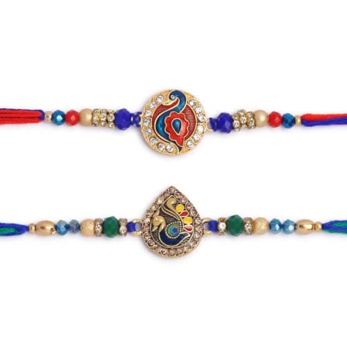 ARTISENIA Set of 2 Peacock Designer Rakhi for Brother | Premium Handmade Raksha Bandhan Rakhi with Greeting Card & Roli Chawal Tika | Traditional Indian Rakhi Gift Set