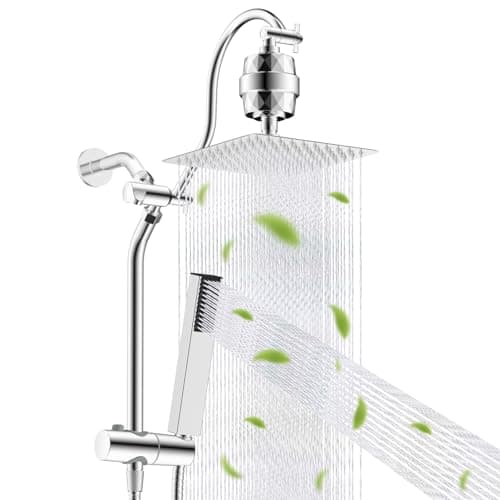 Hibbent All Metal 10'' Filtered Rainfall Shower Head, High Pressure Showerhead combo with 4-mode Handheld Spray, 12'' Extension Arm, Extension Bar with Holder, Shower Filter, Chrome