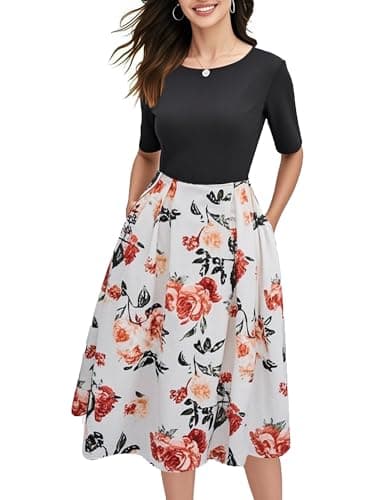 oxiuly Women's Floral Puffy Vintage Dresses Party Church Midi Casual Dress with Pockets OX165 (BK-Whitef, XXL)