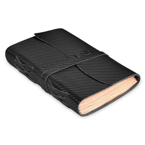 LEATHER VILLAGE Carbon Fiber Genuine Leather Bound Journal - 7'' x 5'', 220 Pages - Vintage Blank Paper Diary for Writing, Drawing, Sketchbook, and Travel Notebook - Ideal for Women and Men- Black