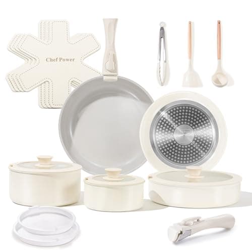 Chef Power Ceramic Nonstick Pots and Pans Set 19 Piece with Detachable Handle, Induction Dishwasher Oven Safe Cookware Set, RV Kitchen Set Removable Handle, Granite Grey and White
