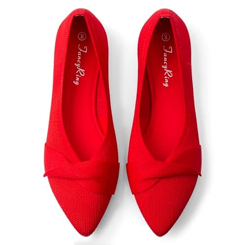 FancyRing Women's Ballet Flats Pointed-Toe Knit Flats with Knot Slip-On Casual Comfortable Dressy Flats,Size 07,Red