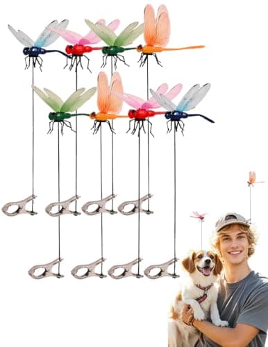 QOJH 8 PCS Dragonfly Clips, 3D Outdoor Decor Fake on Dragonflies or Bugs Dragonfly Garden Stakes Gardening Decoration Insert Plaque Yard Ornaments Outdoors and Fly Deterrent Outdoor