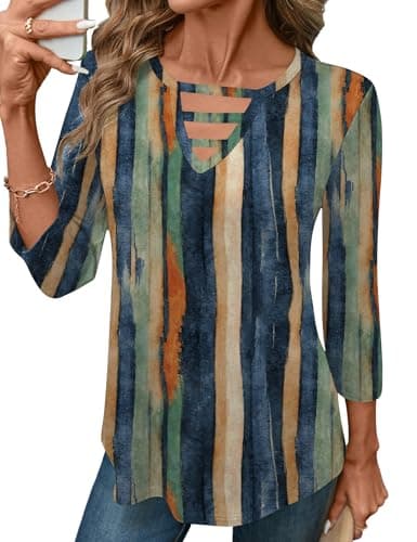 LOMON Womens Tunic Tops 3/4 Sleeve Tops for Women Long Tunic Top to Wear with Leggings Vacation Trendy Retro Stripes Top M