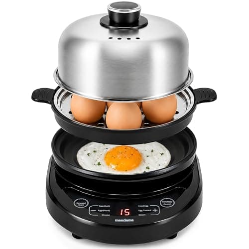 Meedome Rapid Egg Cooker, Stainless Steel Electric Egg Steamer for Hard and Soft Boiled Eggs, Fried Egg and Omelet Maker, Auto Shut-Off, Dishwasher-Safe Parts, BPA-Free, Holds 7 Eggs, Black
