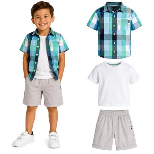 DKNY Boys Short Sets - 3 Piece Outfit with Short Sleeve Button Down Shirt, Crewneck Boys T Shirts & Twill Toddler Shorts, Size 4, Green