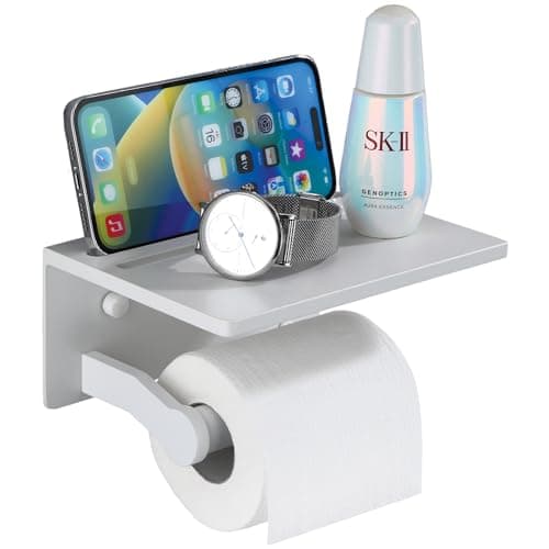 Homely Trove Toilet Paper Holder with Phone Shelf - Tissue Roll Holder Bathroom Storage Dispenser - Adhesive Toilet Paper Holder Wall Mount Bathroom Décor - Matte White