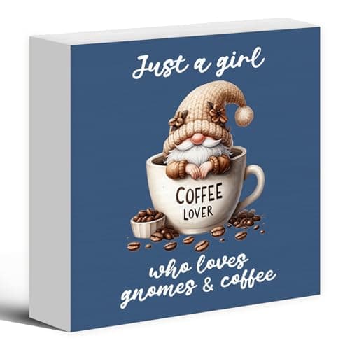 Luipk Rustic Coffee Gnomes Blue Wood Box Sign Desk Decor, Drink Lovers Who Loves Gnomes And Coffee Funny Gnome Wooden Block Sign Decorations for Café Bar Station Wall Tabletop Shelf Decors